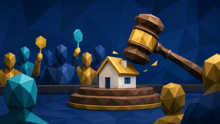Illustration low-poly d'une vente aux enchères immobilière avec un marteau de juge et une maison